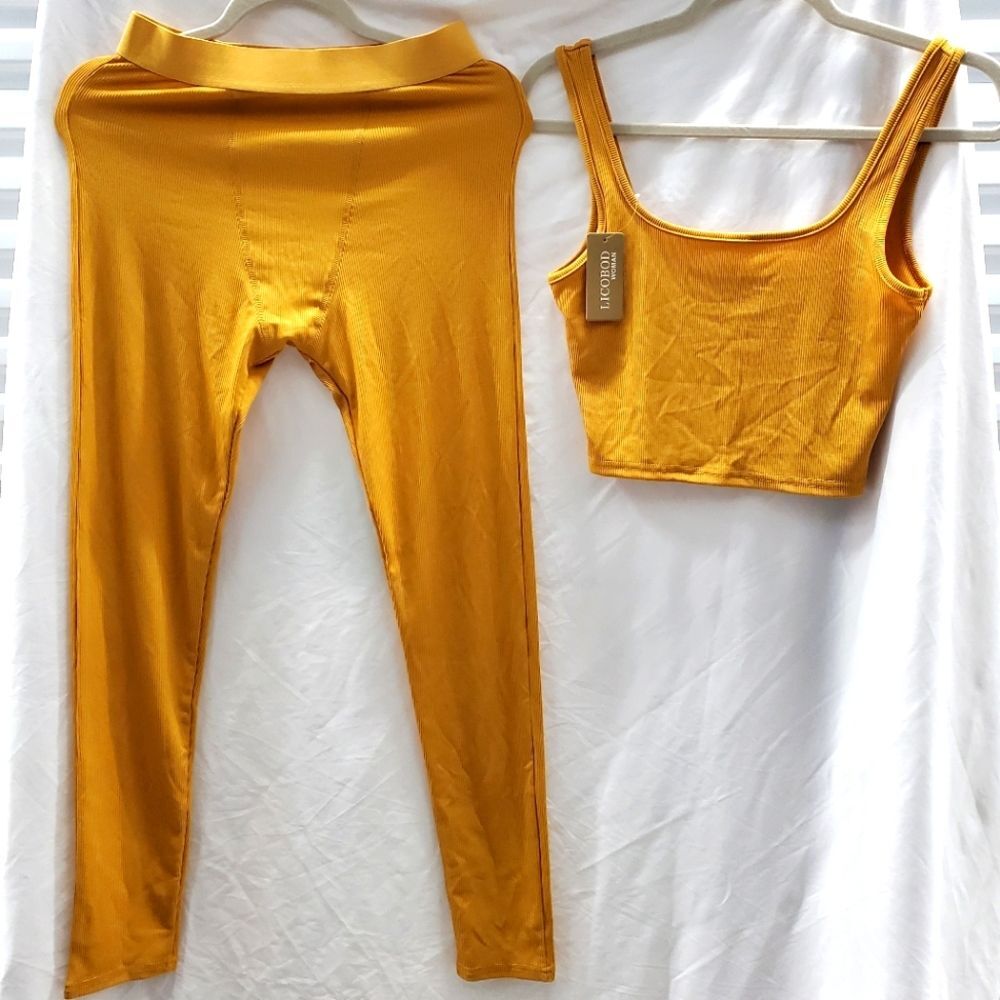 Licobod Woman Yellow Ribbed Crop Tank Top & High Waisted Leggings Set Activewear